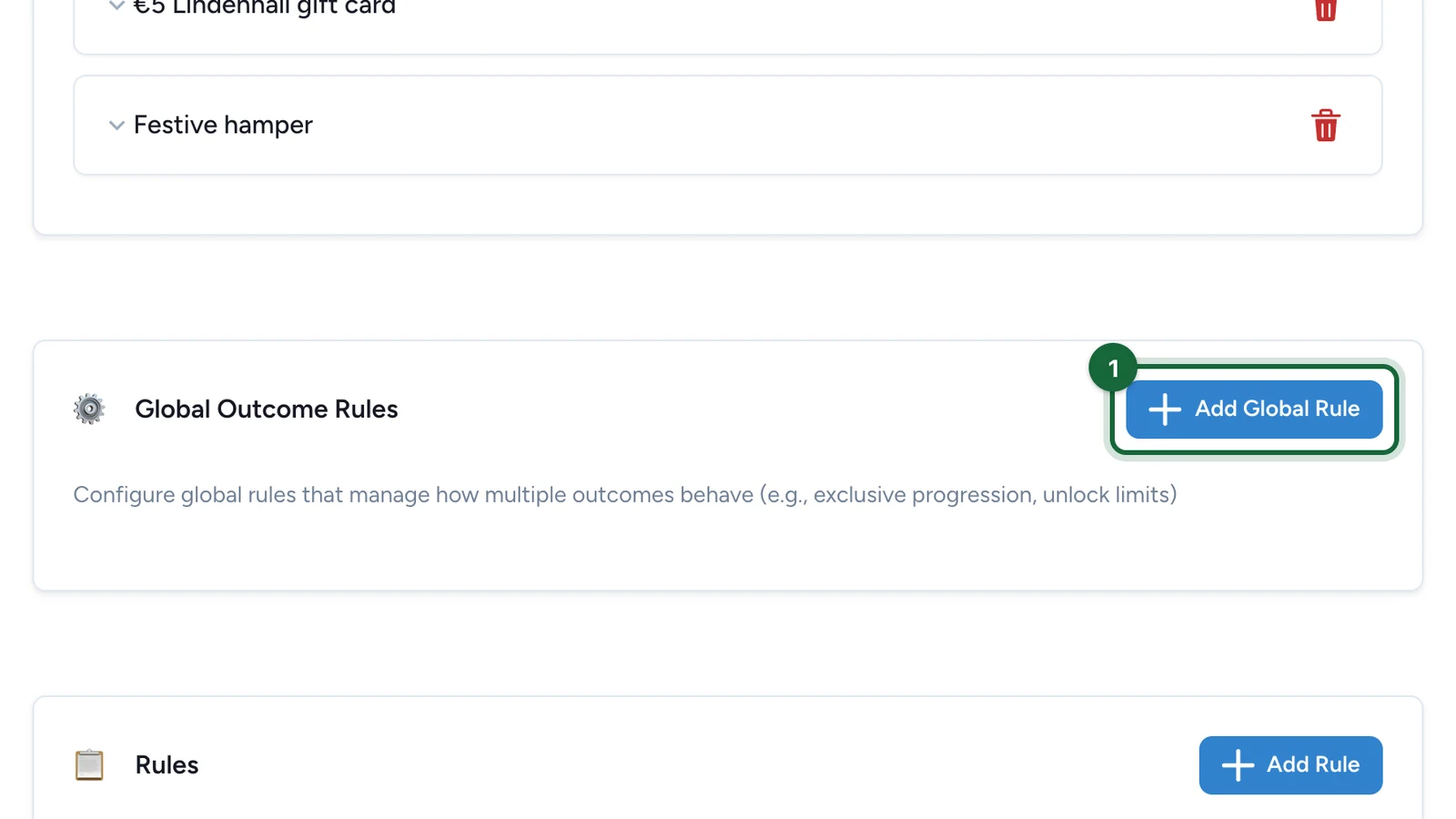 Global Outcome Rules section with the Add Global Rule button highlighted