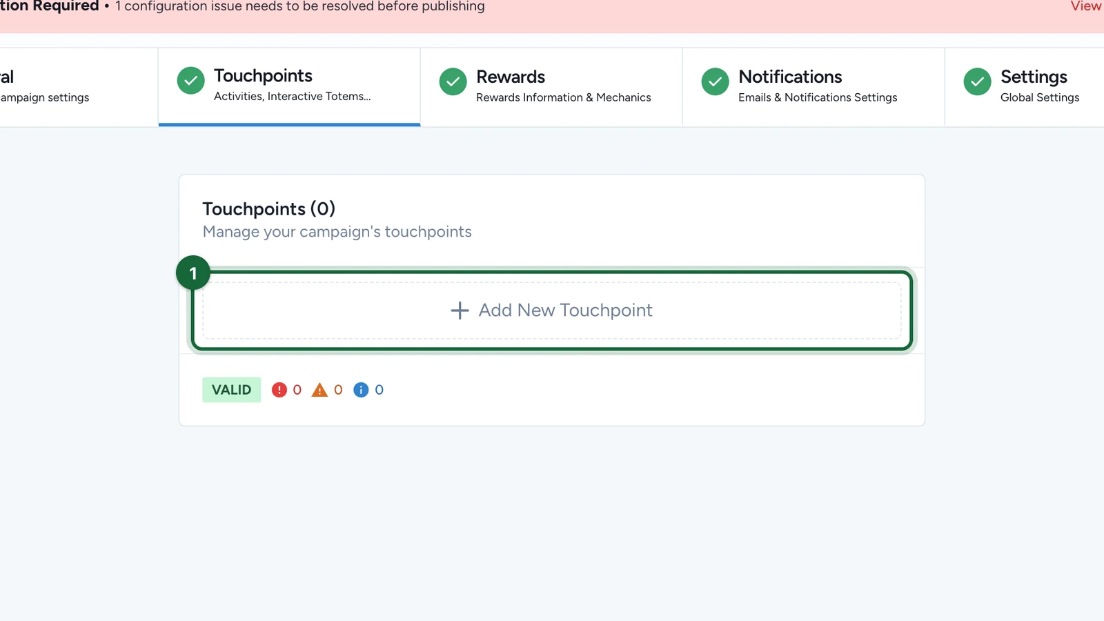 Empty Touchpoints list with the Add New Touchpoint button highlighted