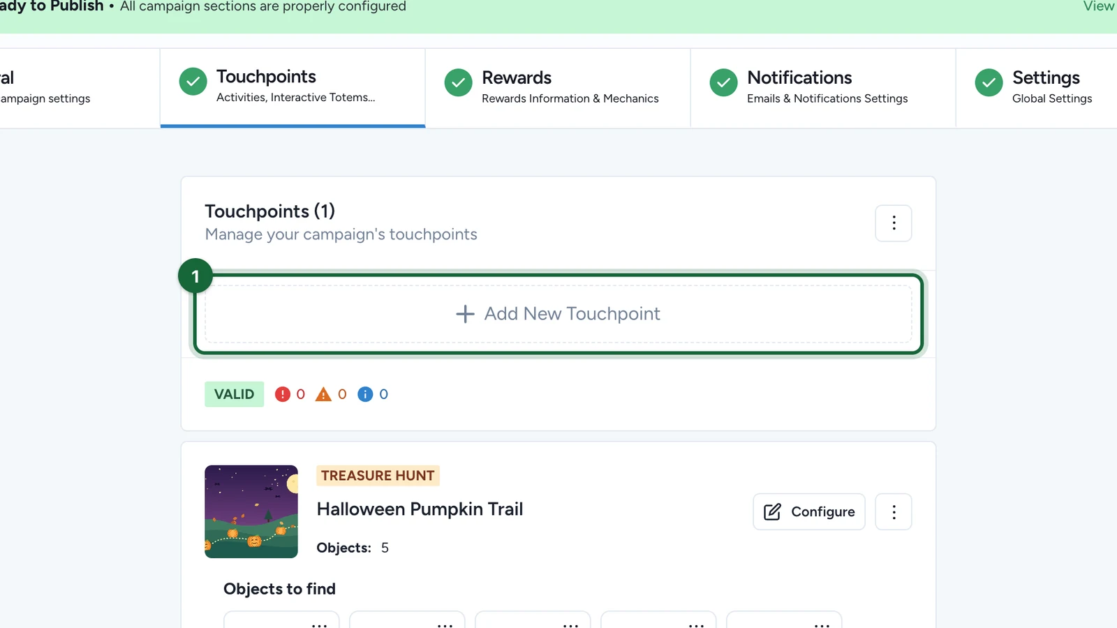 Touchpoints list with the Add New Touchpoint button highlighted