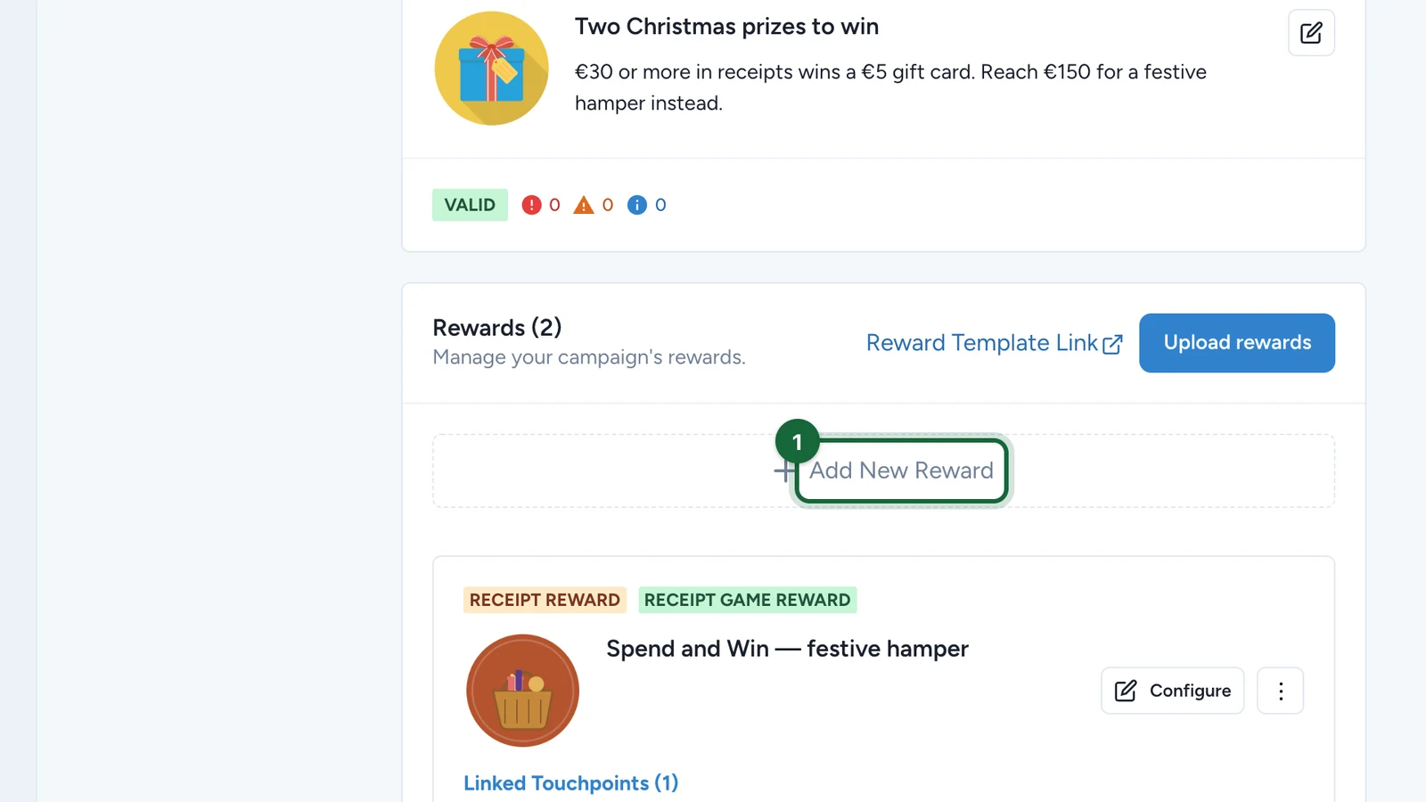 Spend and Win Christmas Rewards tab with Add New Reward highlighted