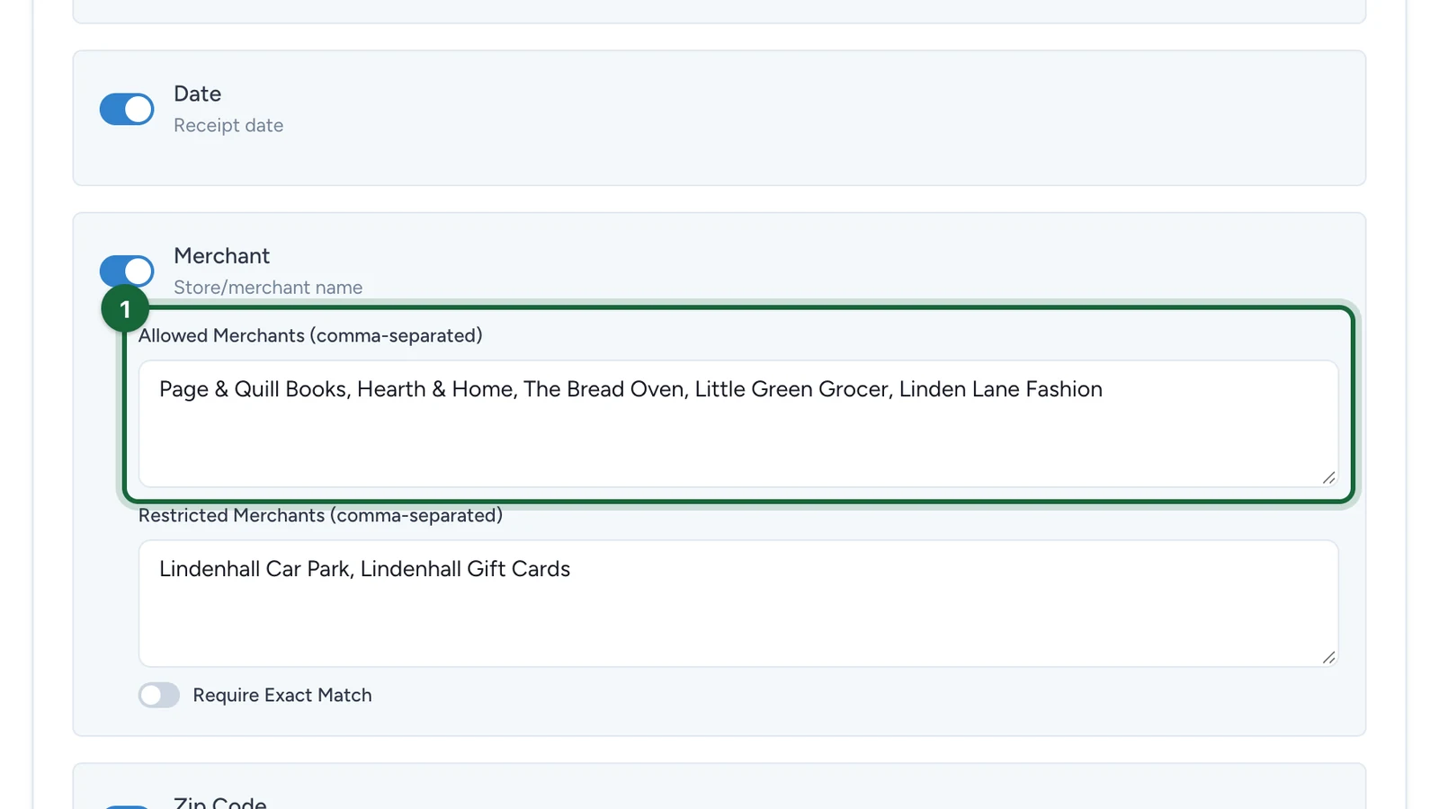 Allowed Merchants list with five Lindenhall shops, highlighted