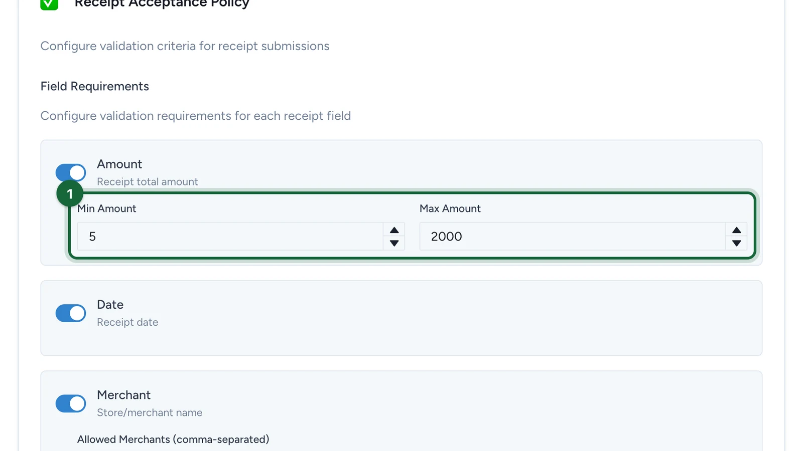 Amount field requirement with Min Amount 5 and Max Amount 2000, highlighted