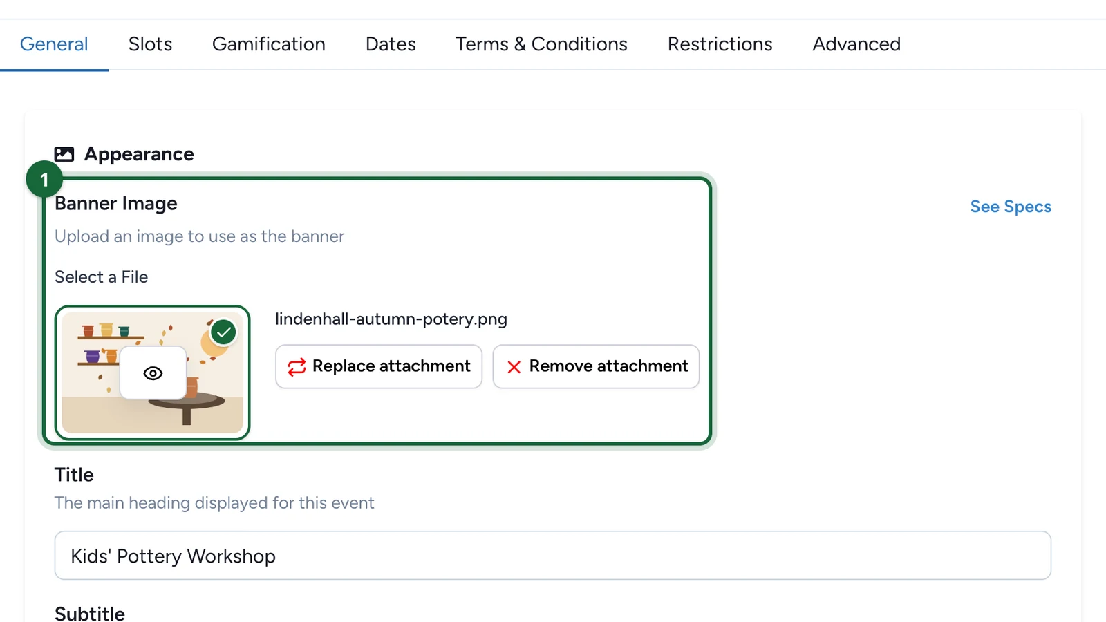 Appearance section with the Banner Image field and an uploaded pottery banner highlighted