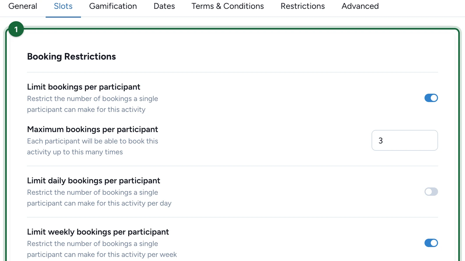 Booking Restrictions section of the Slots tab