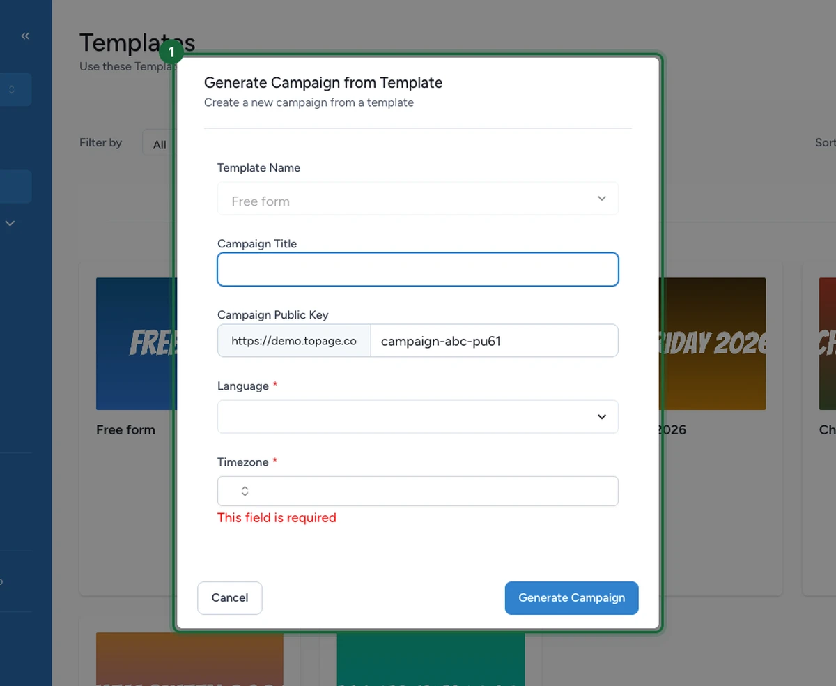 Generate Campaign from Template dialog with the Campaign Title, Public Key, Language, and Timezone fields