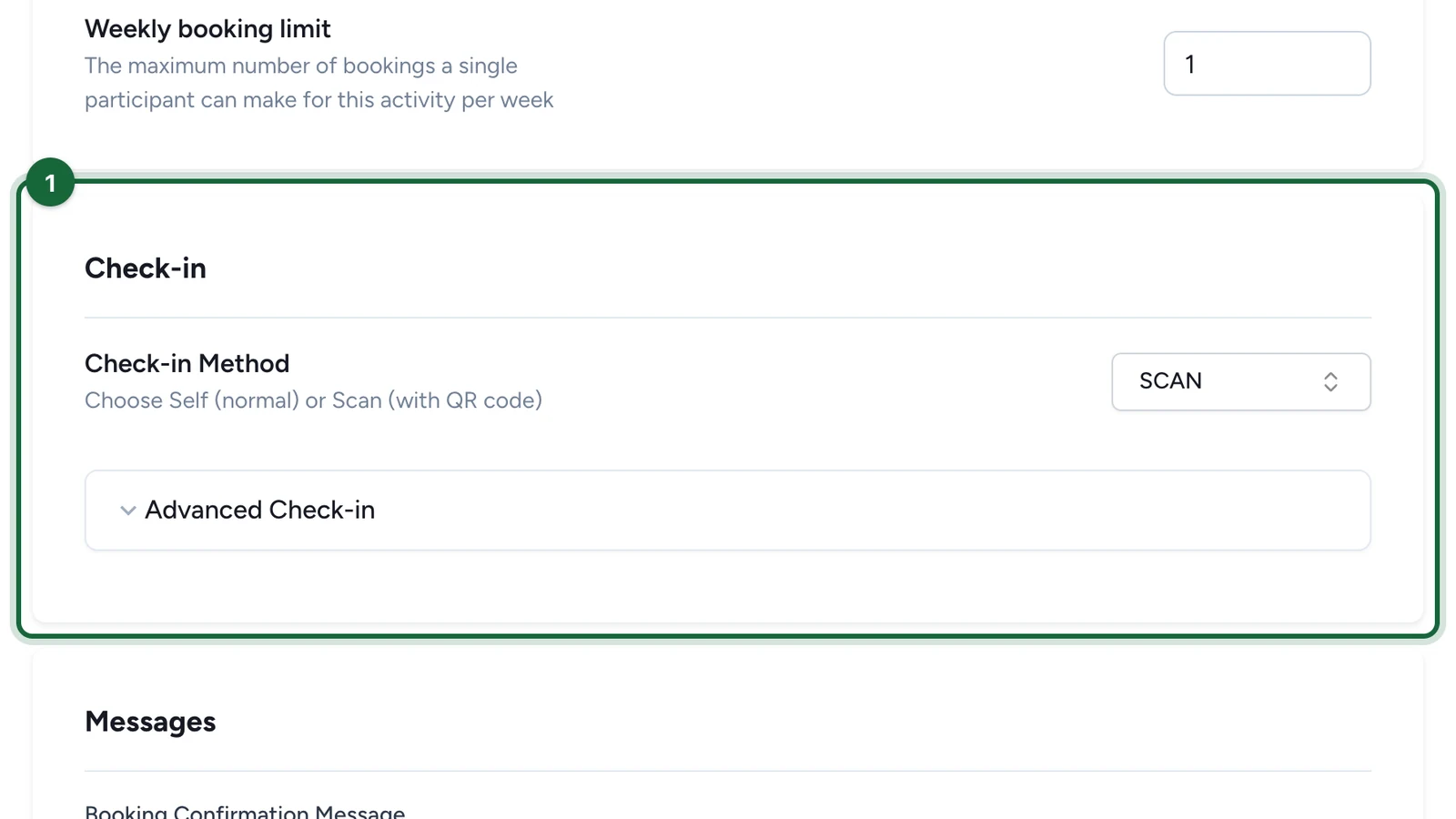 Check-in section of the Slots tab with the method and Advanced Check-in panel