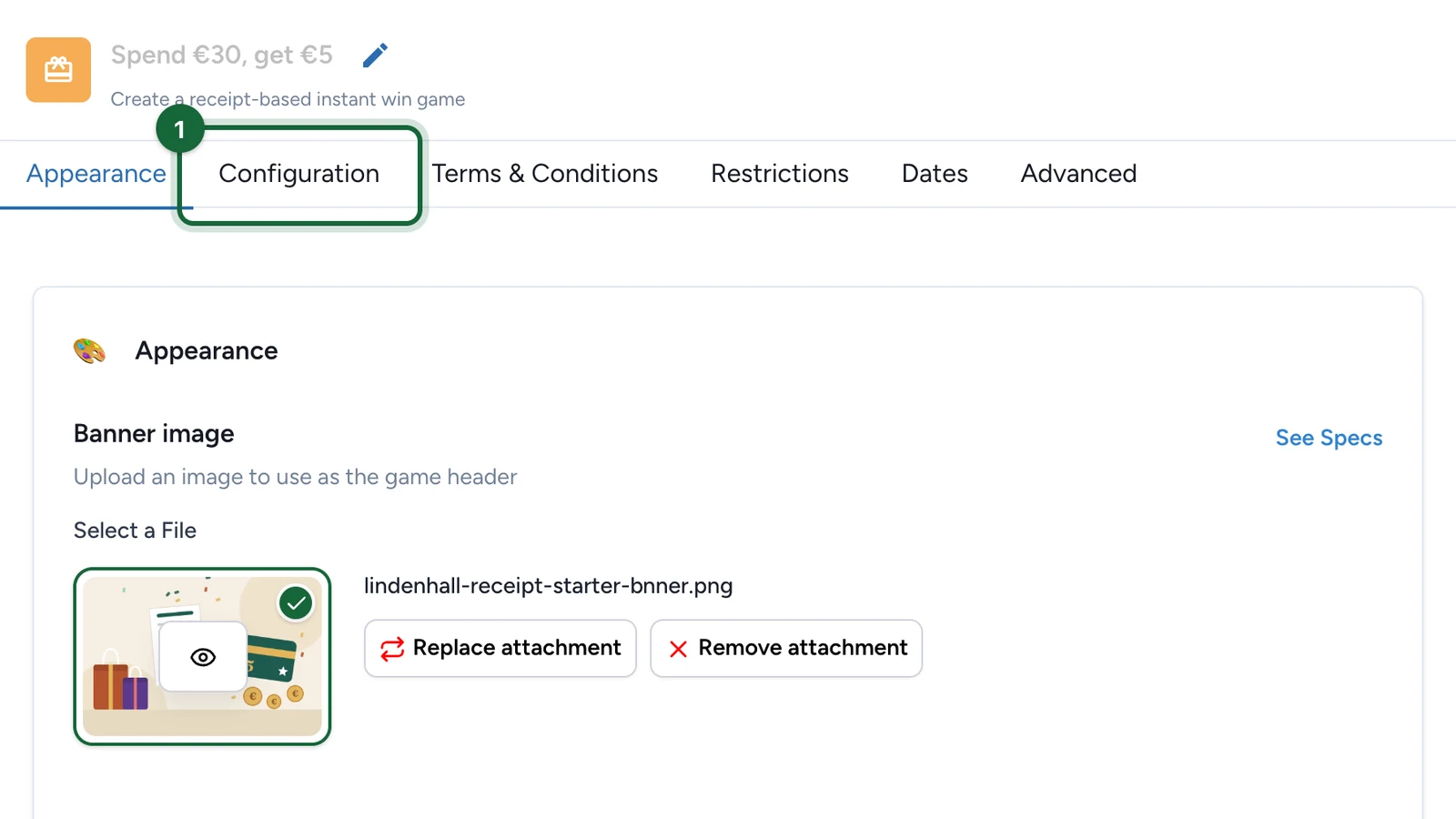 Receipt game editor with the Configuration tab highlighted