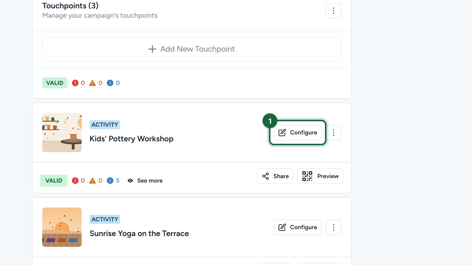 Touchpoints list with the Configure button of Kids' Pottery Workshop highlighted