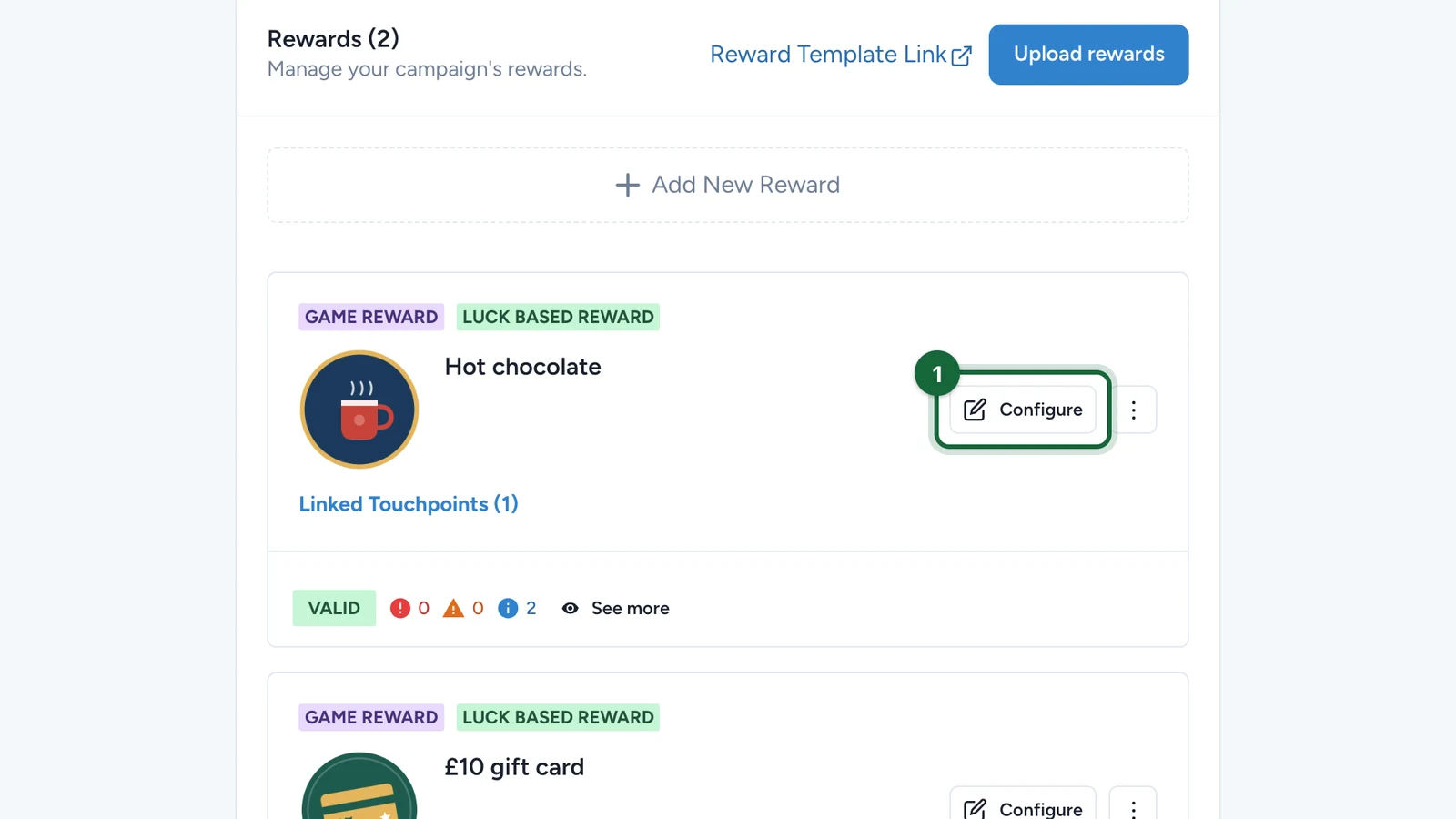 Hot chocolate reward card with its Configure button highlighted