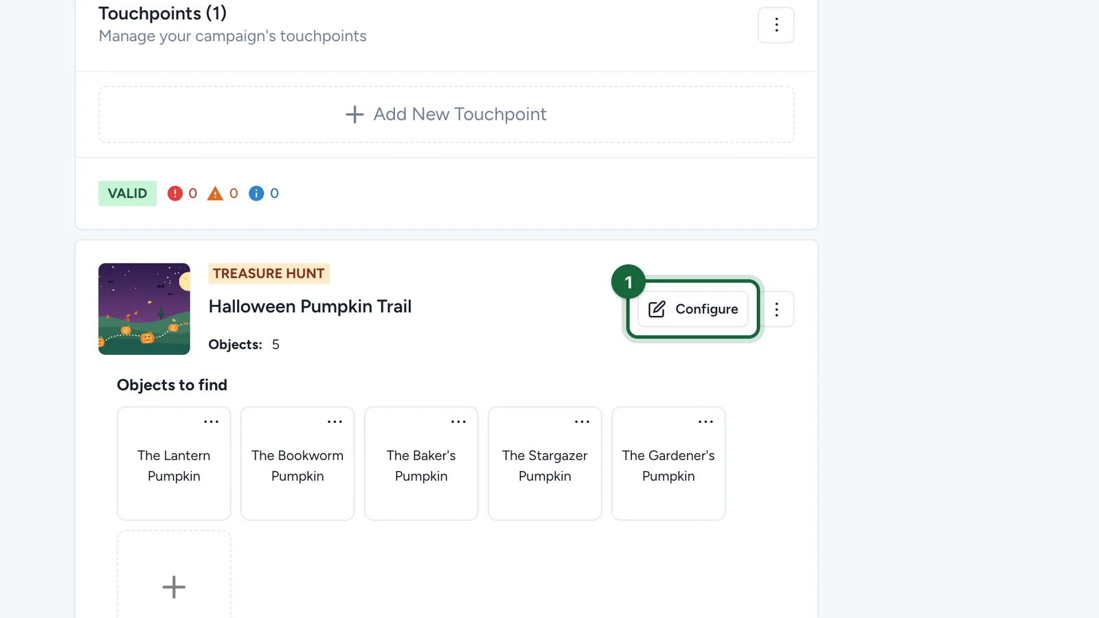 Hunt card with the Configure button of the Halloween Pumpkin Trail highlighted