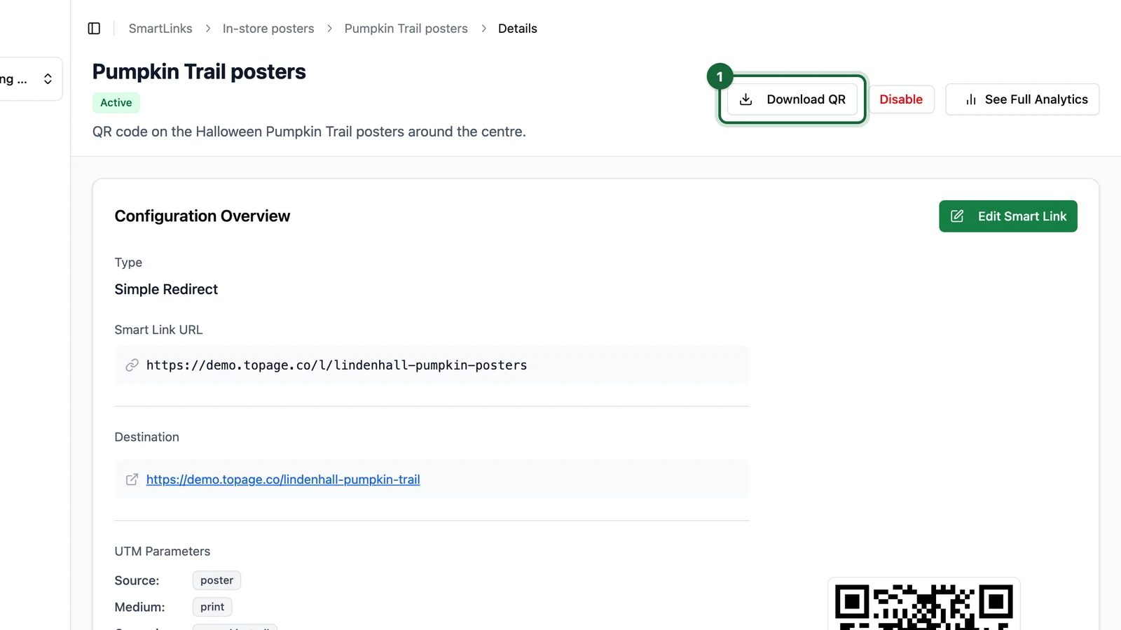 Smart Link details with the Download QR button highlighted