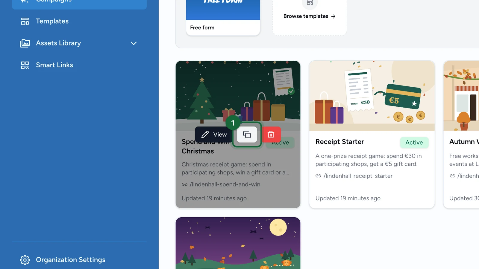 Spend and Win Christmas card with its duplicate button highlighted
