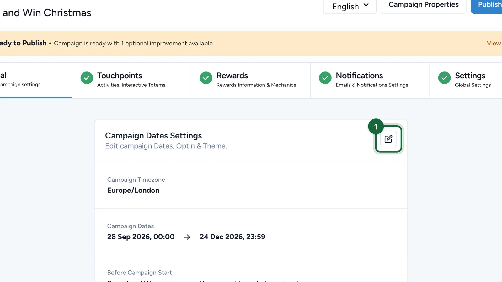 Campaign Dates Settings card with its edit button highlighted
