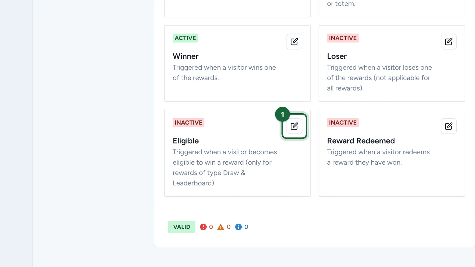 Notification cards with the Eligible card's edit button highlighted
