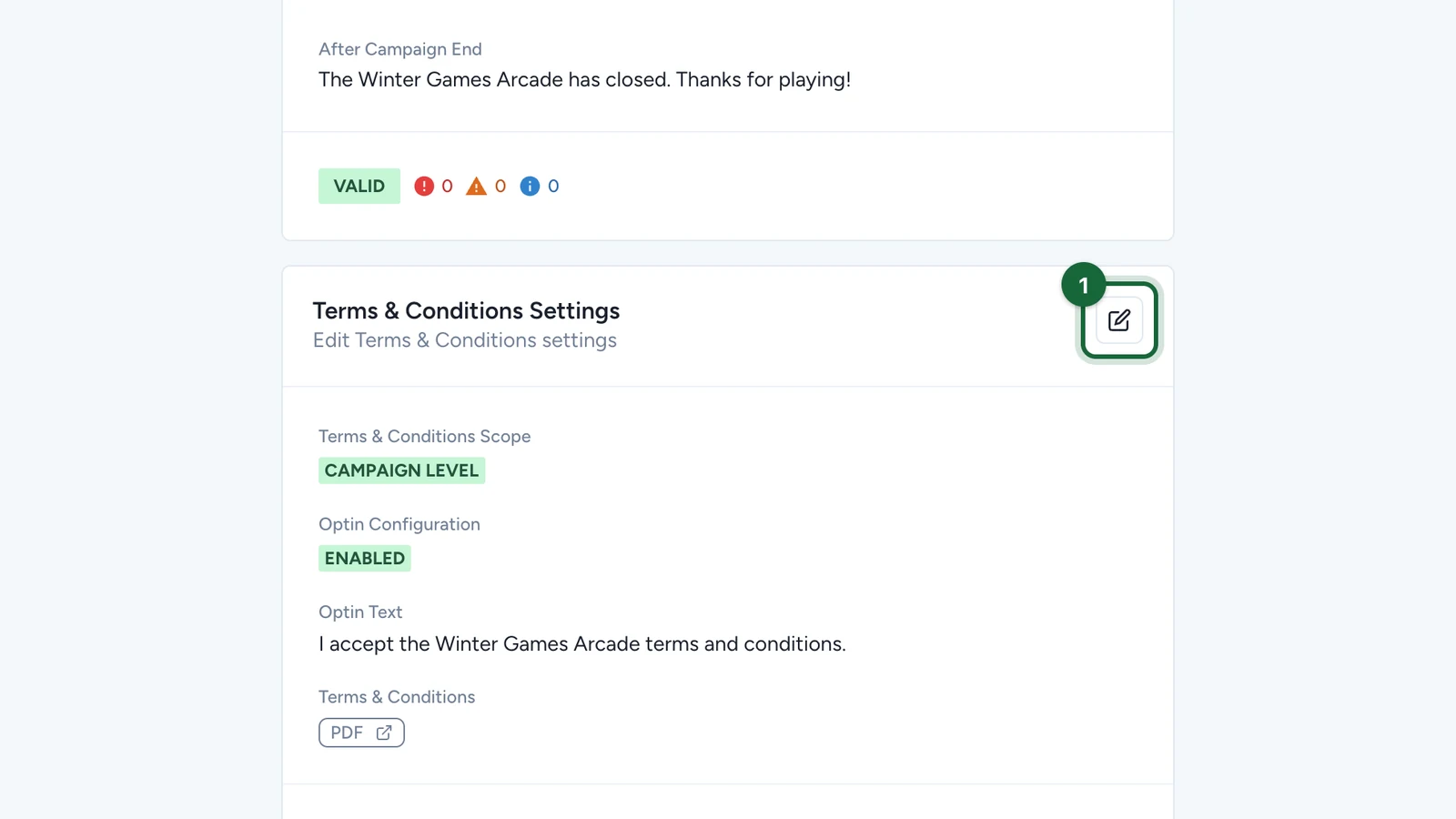 Terms & Conditions Settings card with its edit button highlighted