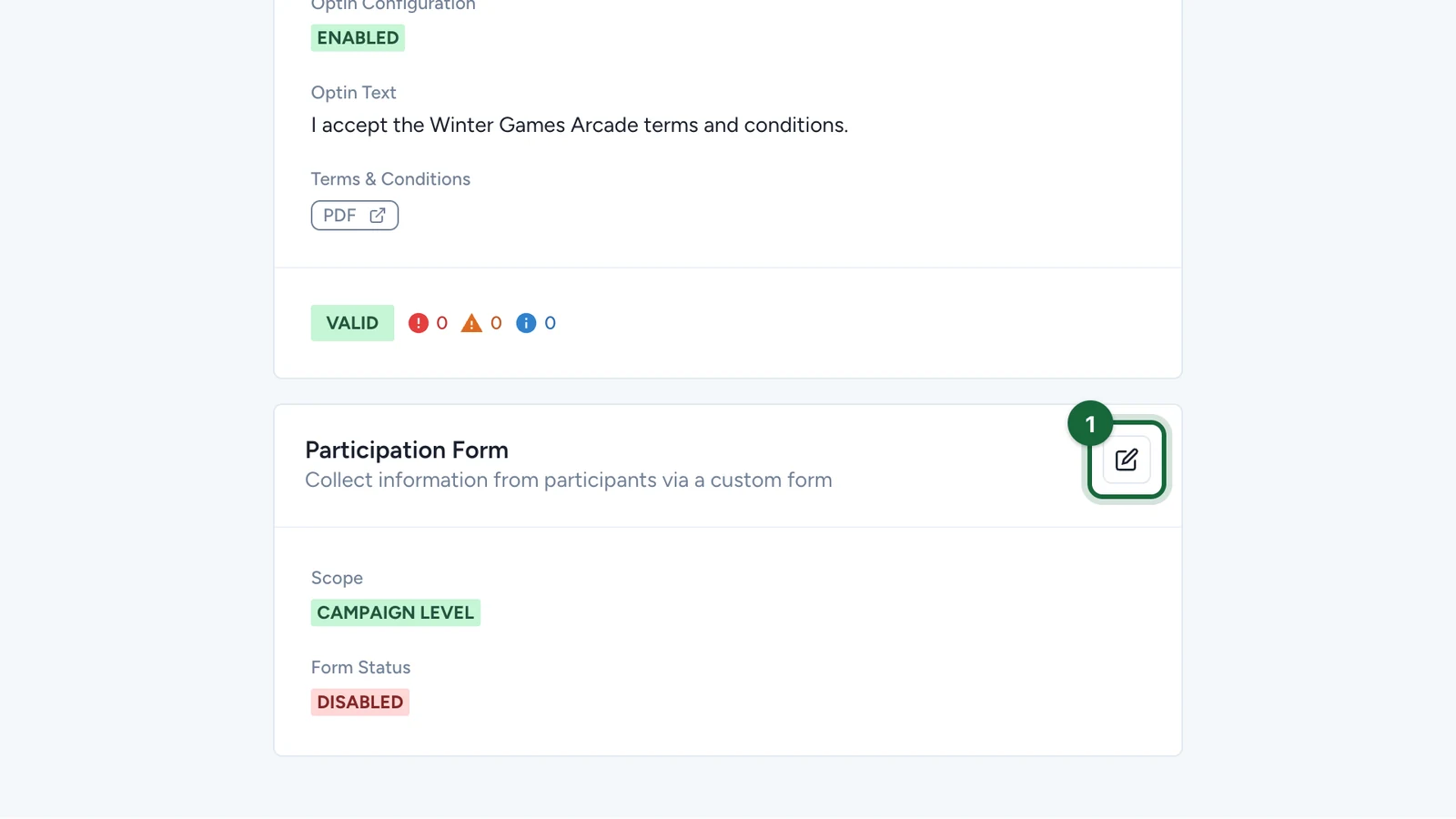 Participation Form card with its edit button highlighted
