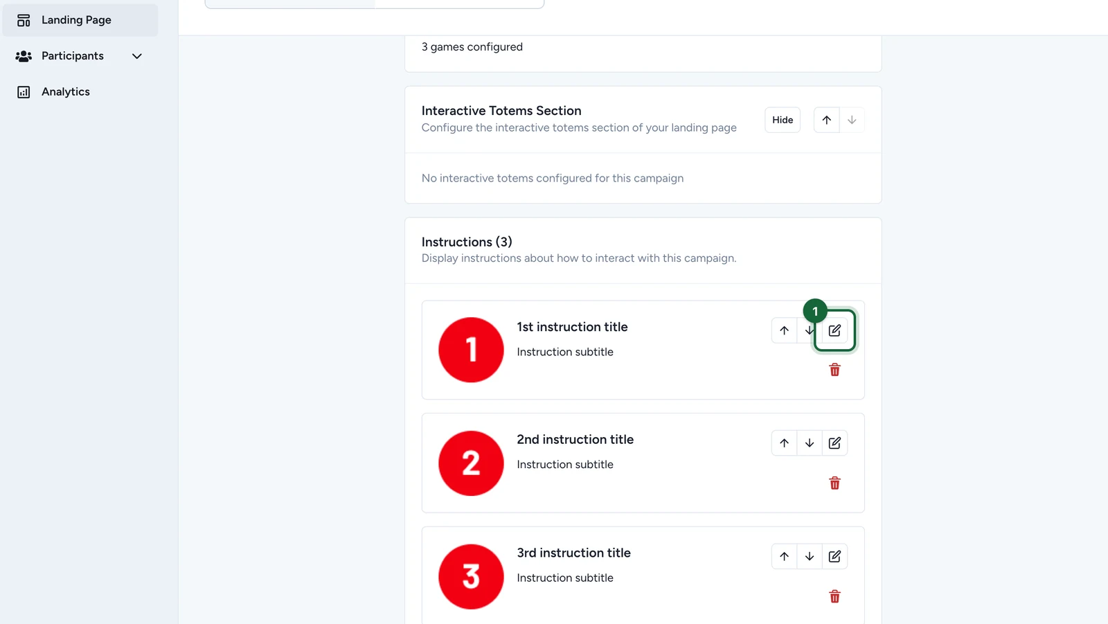 Instructions section with three sample instructions and the first one's edit button highlighted