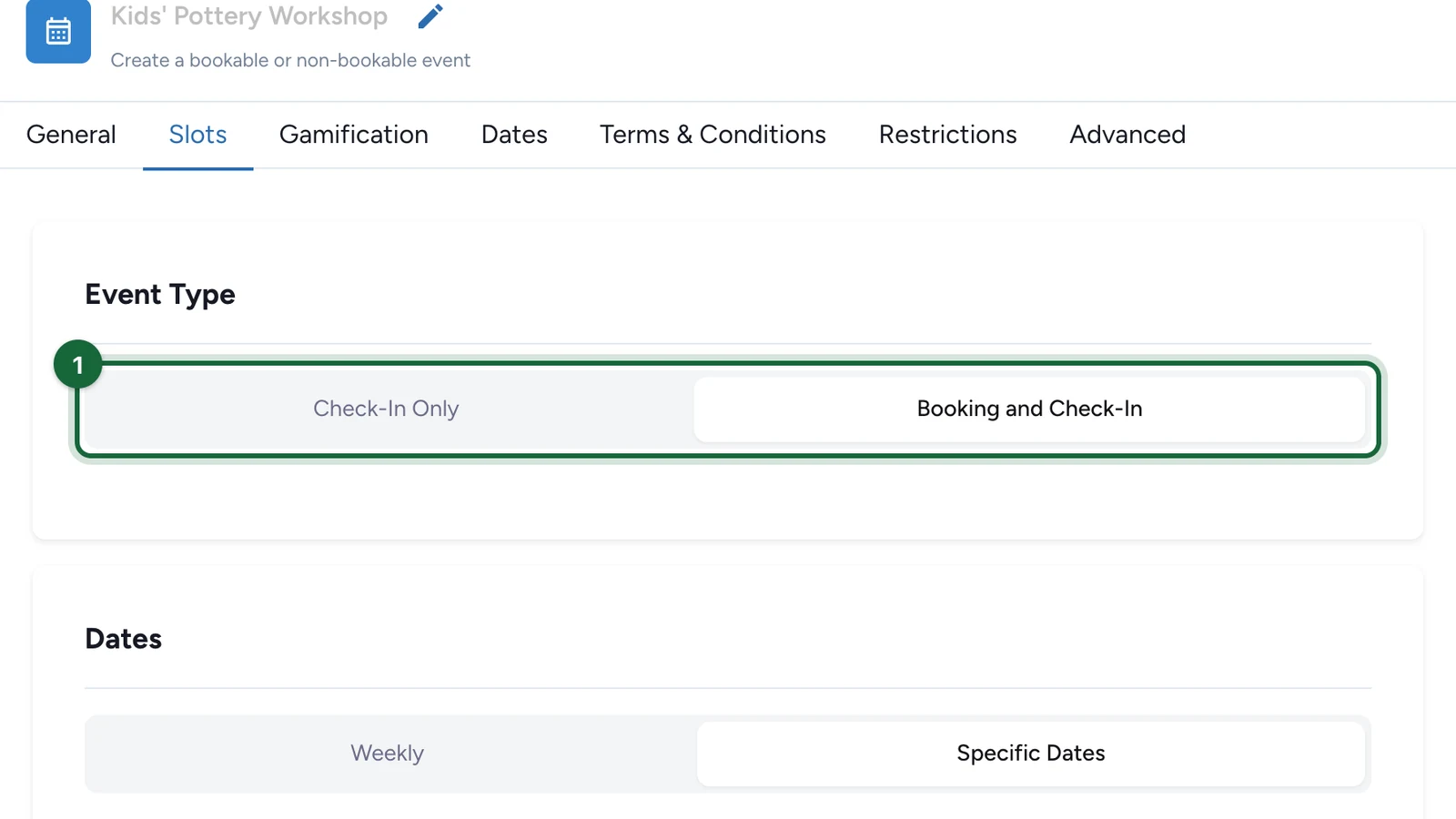 Event Type choice in the Slots tab, with Check-In Only and Booking and Check-In highlighted