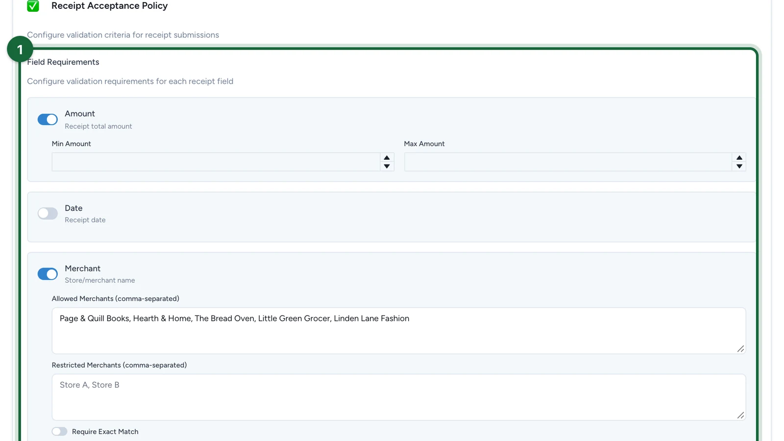 Field Requirements with Amount and Merchant switched on, Date and Zip Code off, highlighted
