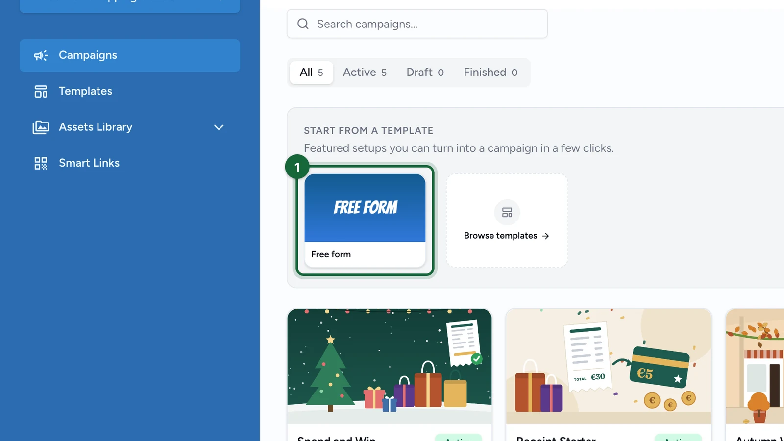 Campaigns page with the Free form template highlighted