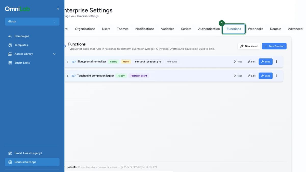 Paramètres de l’Entreprise avec l’onglet Functions sélectionné et deux functions compilées