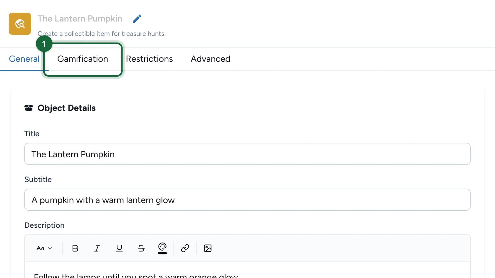 Object editor of The Lantern Pumpkin with the Gamification tab highlighted