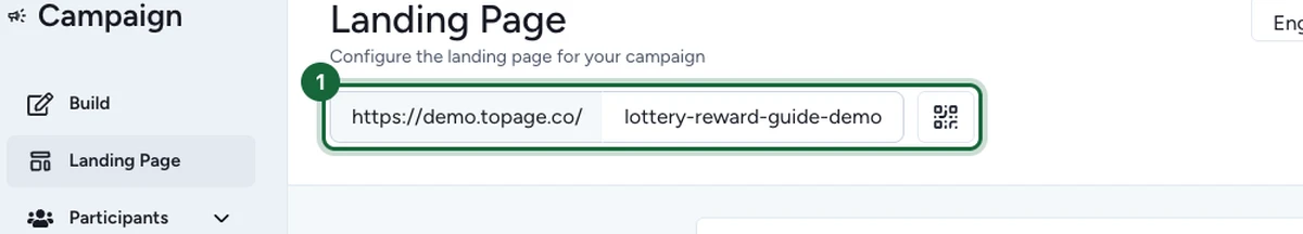 Écran Page d'accueil avec le champ de l'URL publique de la campagne et le raccourci QR mis en évidence