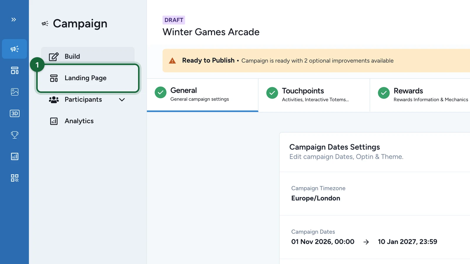 Campaign side menu with Landing Page highlighted