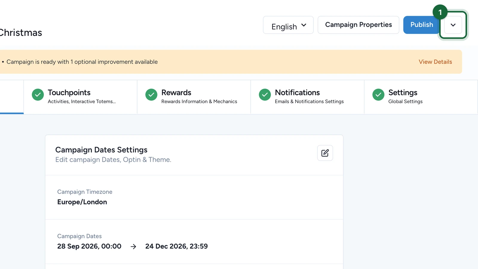 Campaign header with the arrow next to Publish highlighted