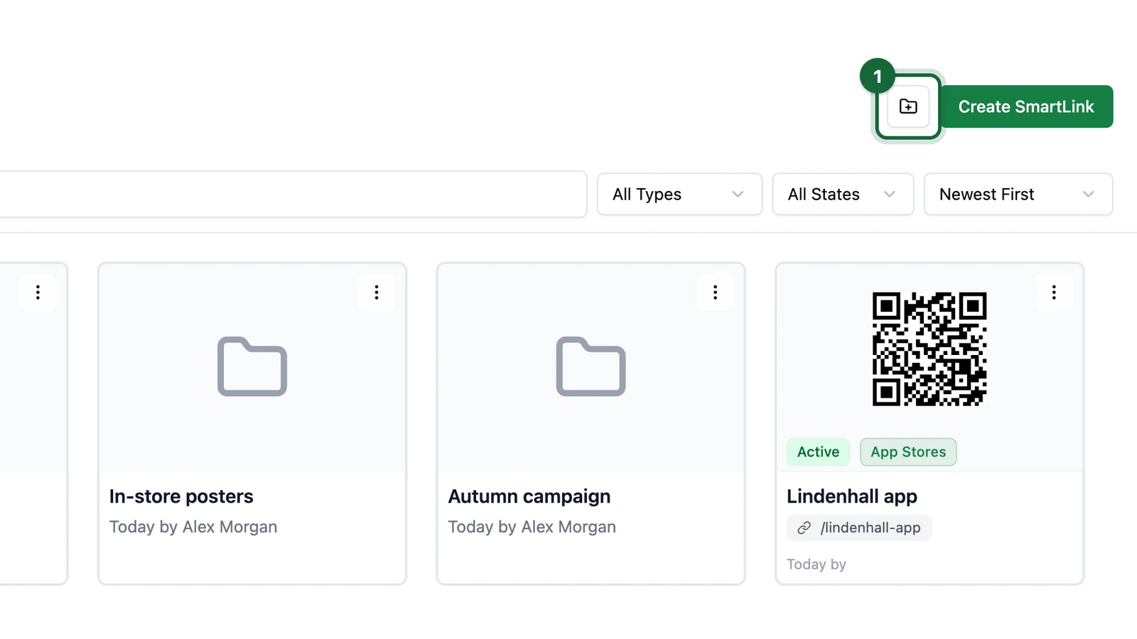 Smart Links home with the new-folder button highlighted