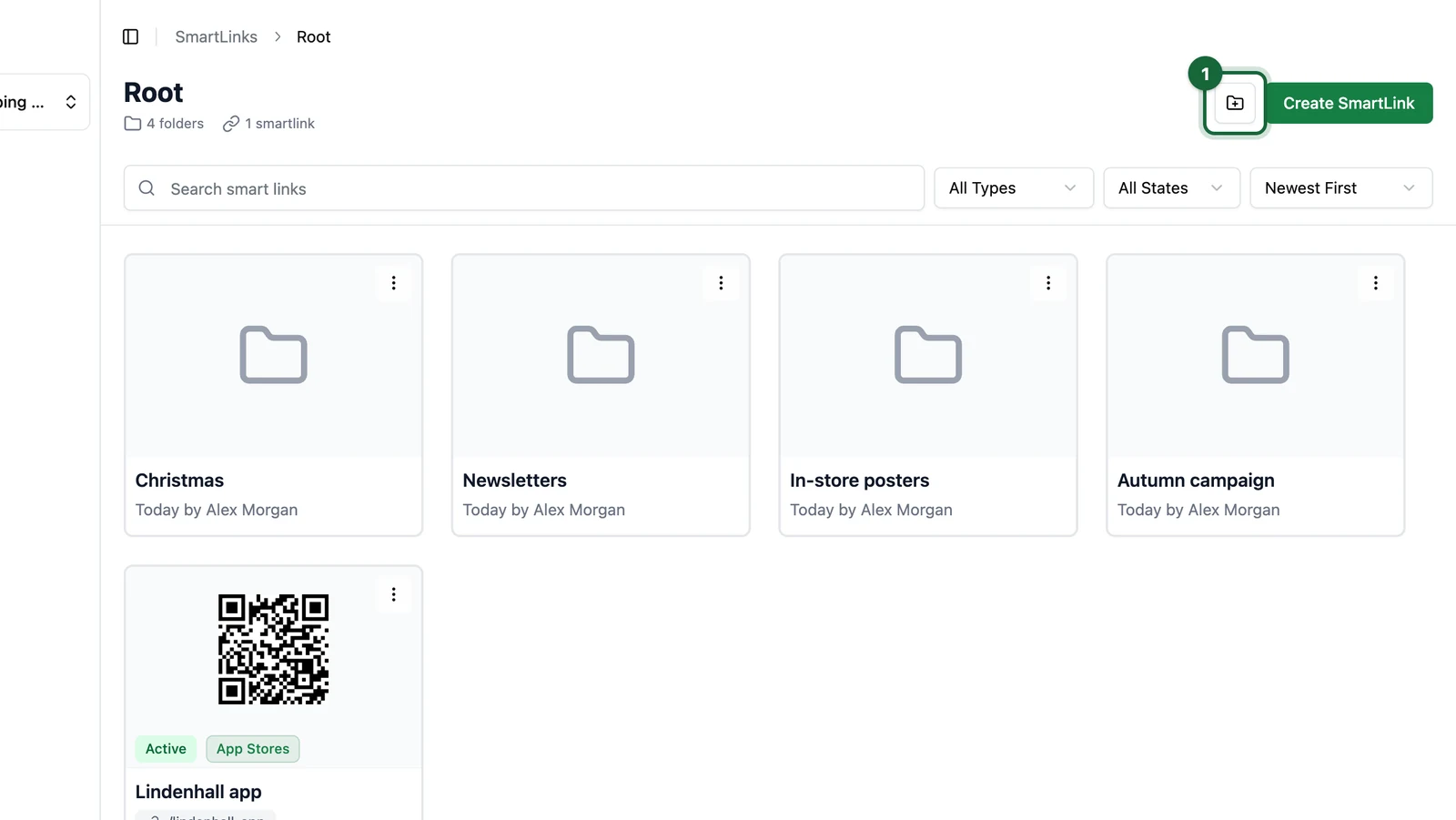 Smart Links home with the new-folder button highlighted