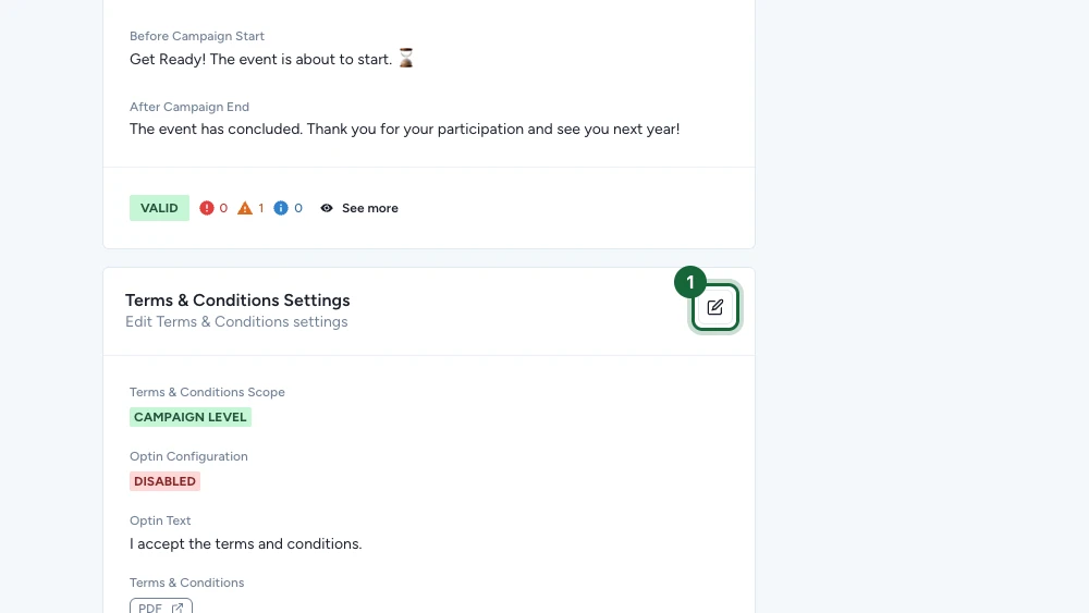 Campaign Build view, General tab, with the Update Terms & Conditions Settings button highlighted