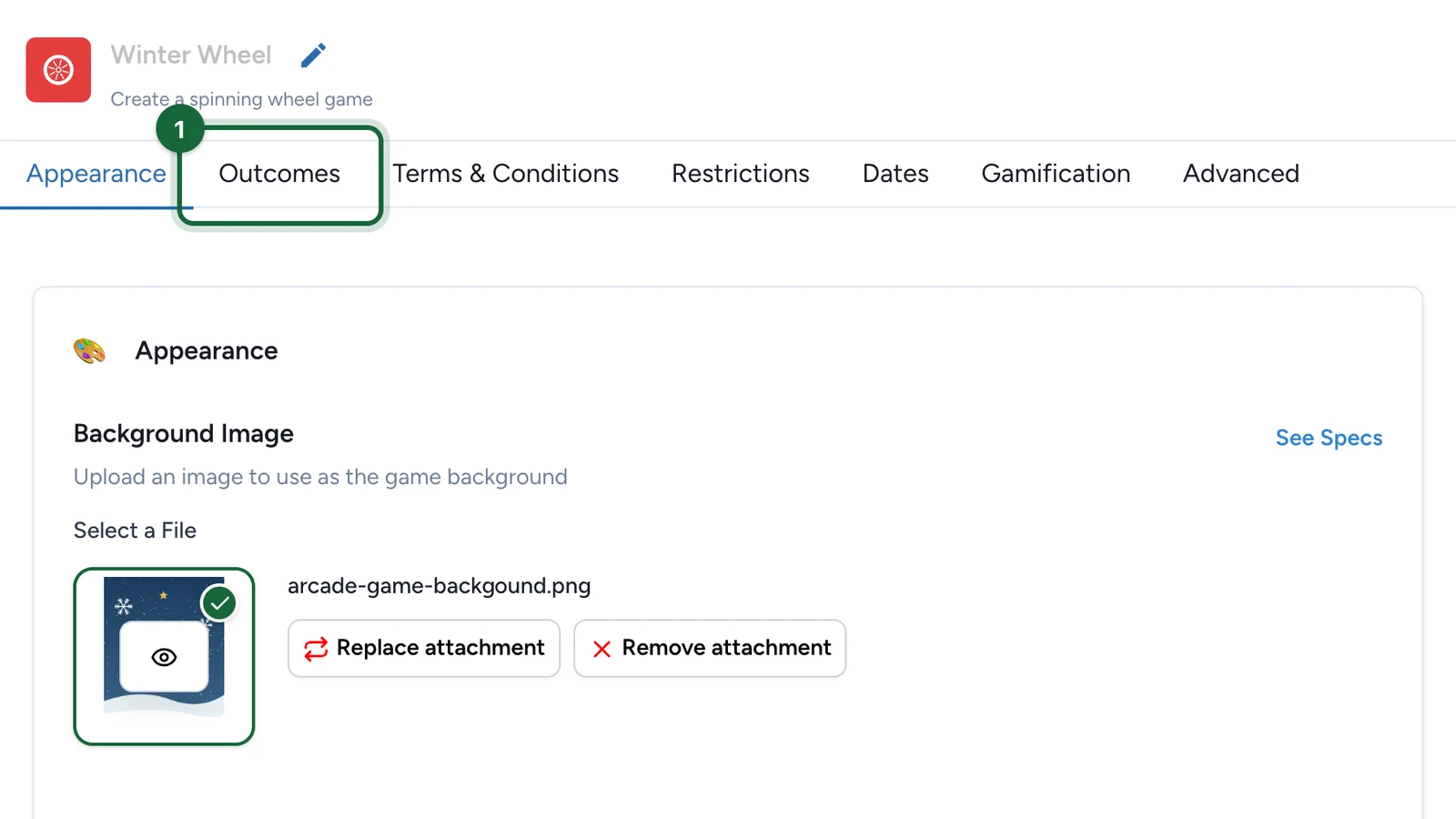Winter Wheel settings with the Outcomes tab highlighted