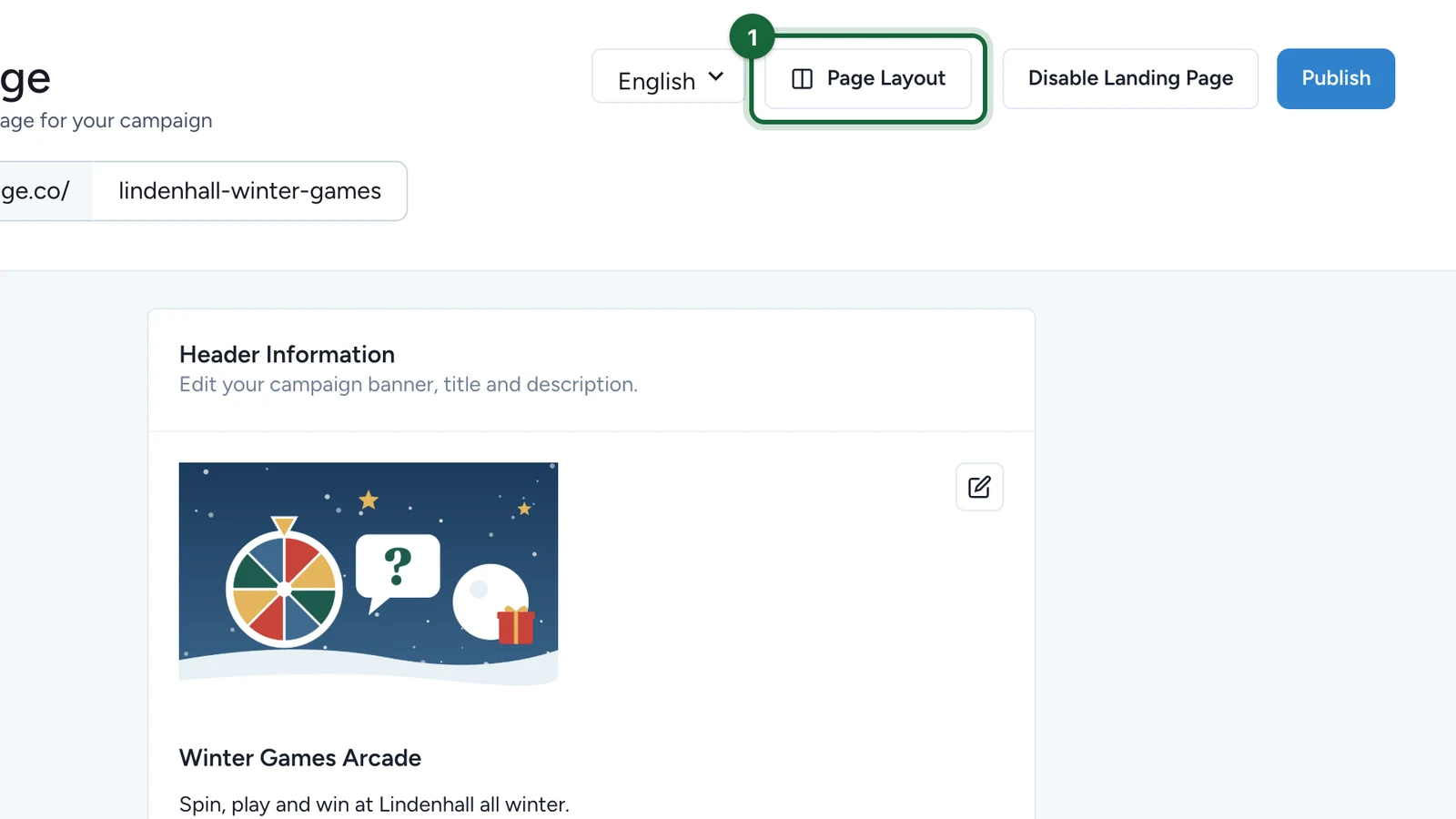 Landing Page editor with the Page Layout button highlighted