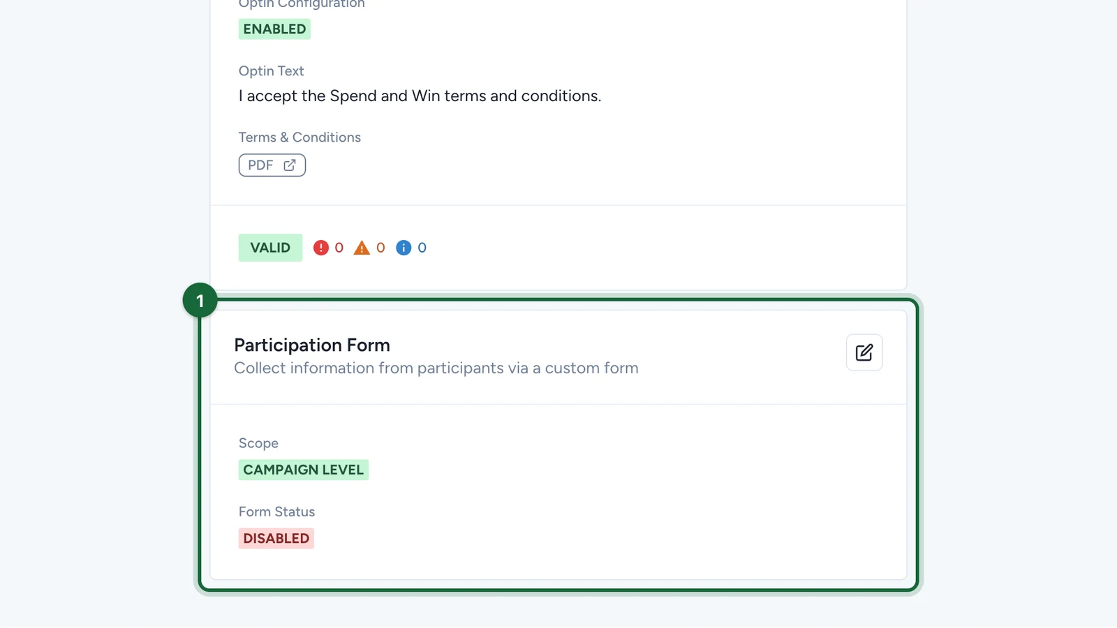Participation Form card with campaign level scope and the form disabled, highlighted