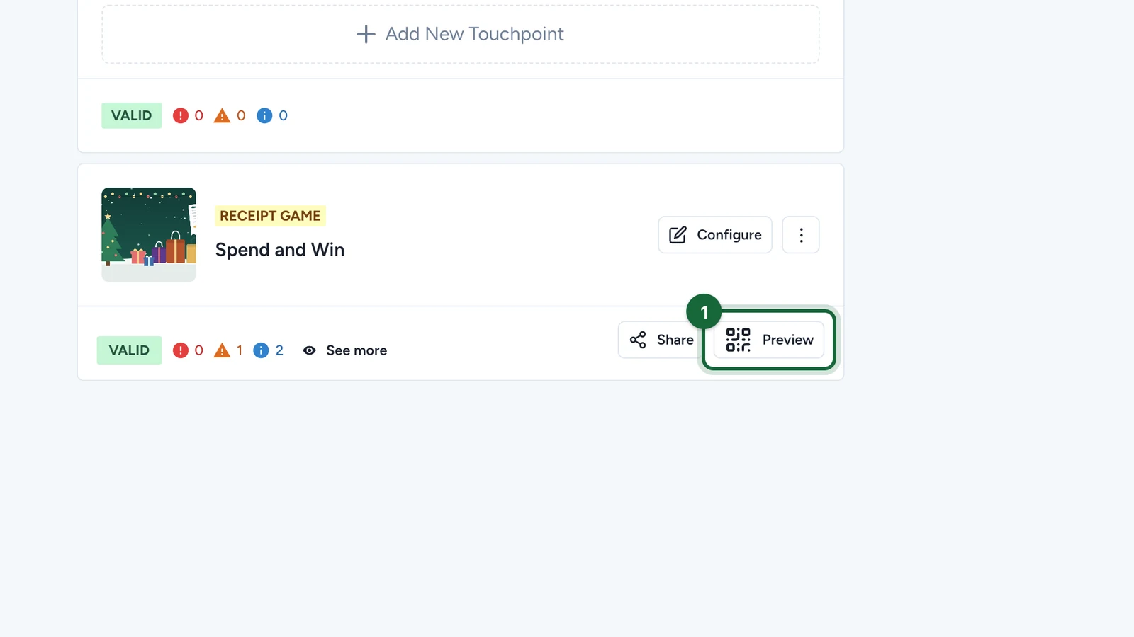 Receipt game card with the Preview button highlighted