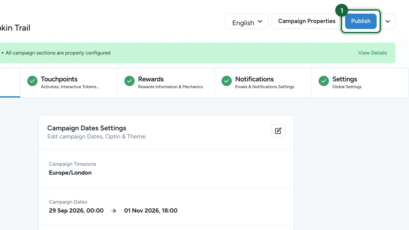 Campaign header with the Publish button highlighted