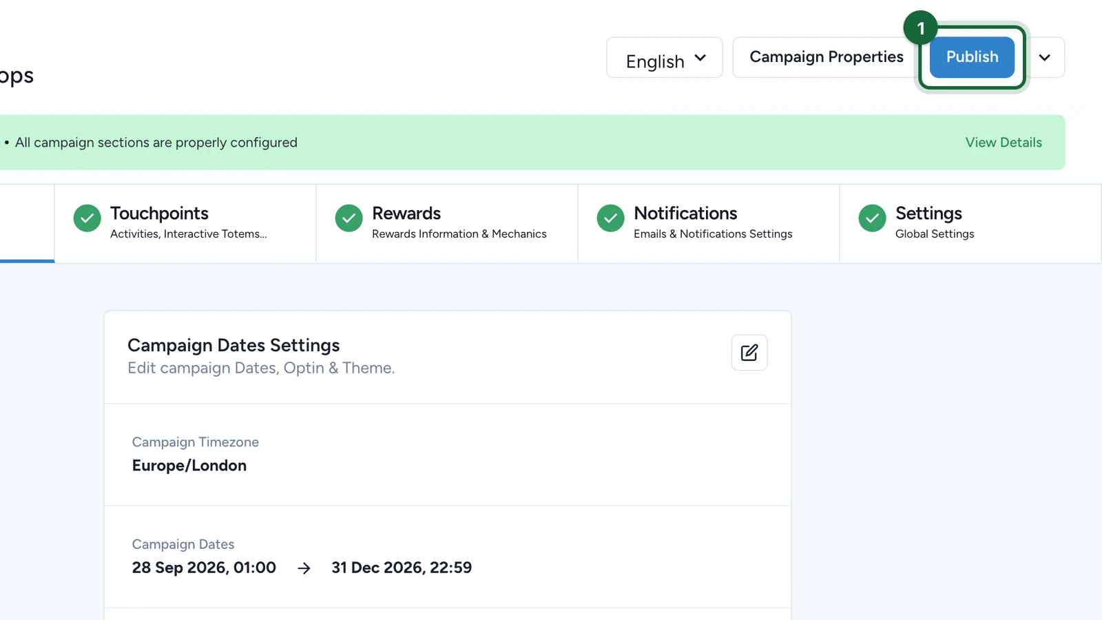 Campaign header with the Publish button highlighted