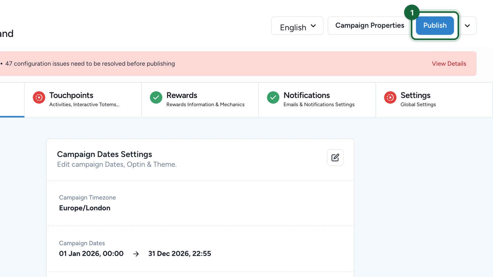 Campaign header with the Publish button highlighted