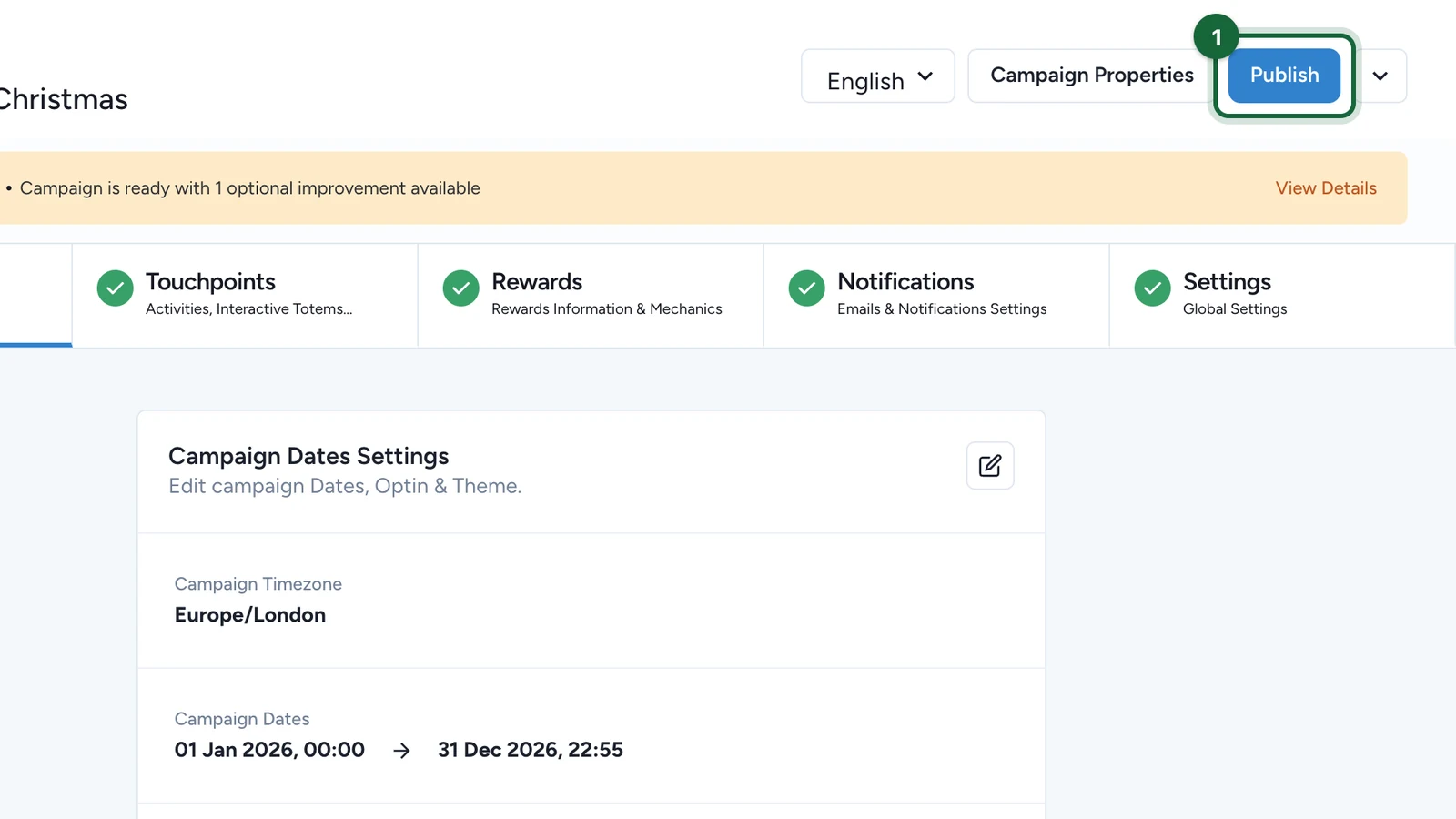 Campaign header with the Publish button highlighted