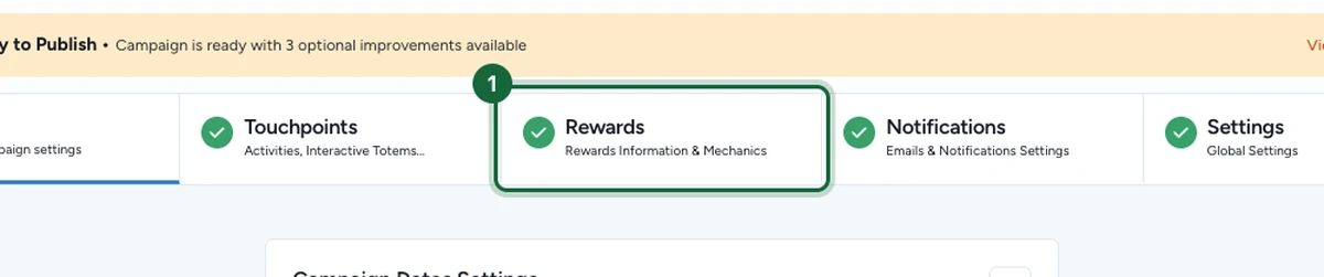 Campaign build view with the Rewards tab in the top navigation highlighted.