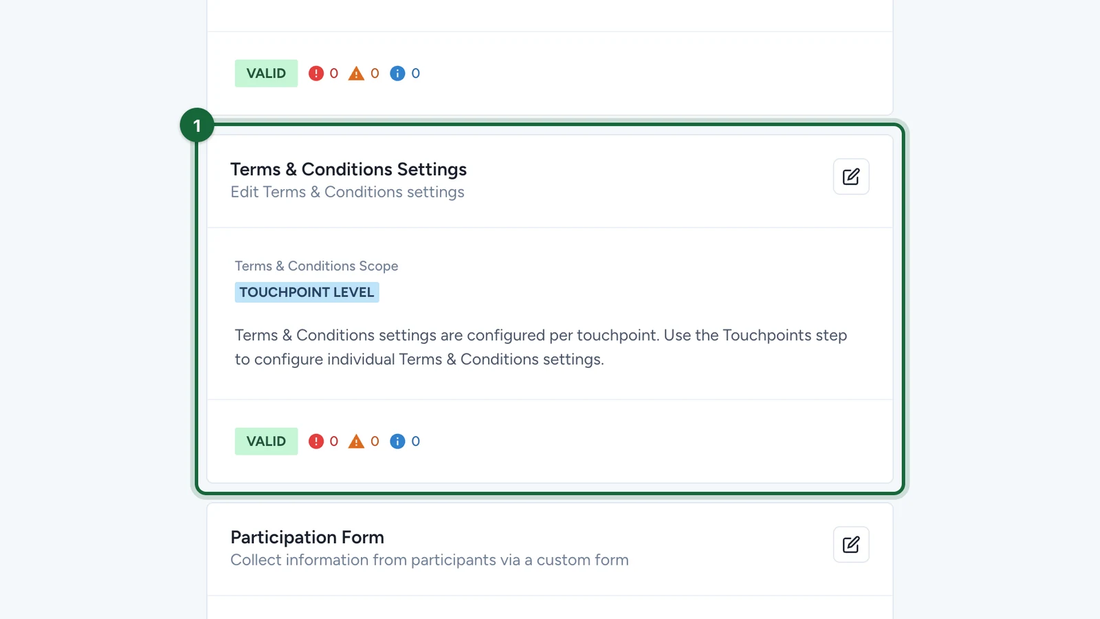Terms & Conditions Settings card showing Touchpoint Level, highlighted