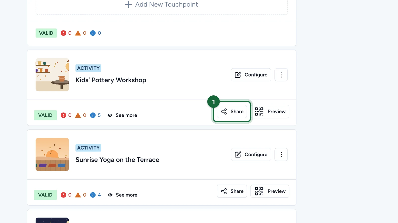 Touchpoints list with the Share button of Kids' Pottery Workshop highlighted