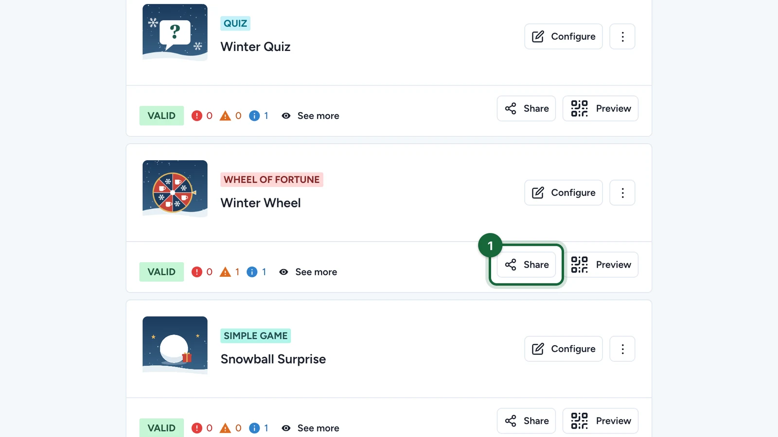 Winter Wheel card with its Share button highlighted