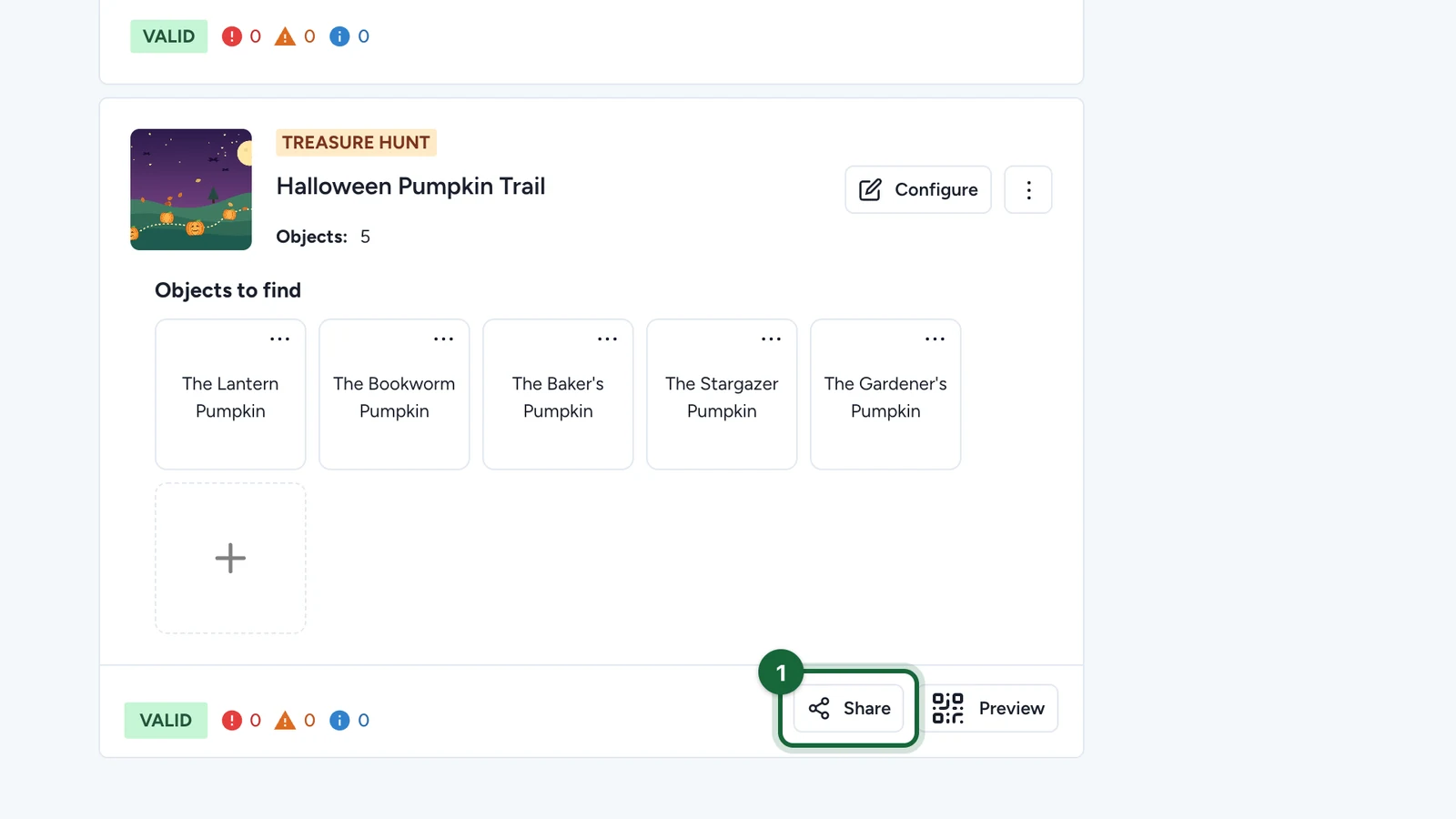 Hunt card with the Share button highlighted