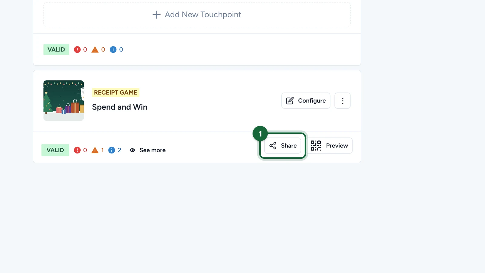 Touchpoints list with the Share button of Spend and Win highlighted