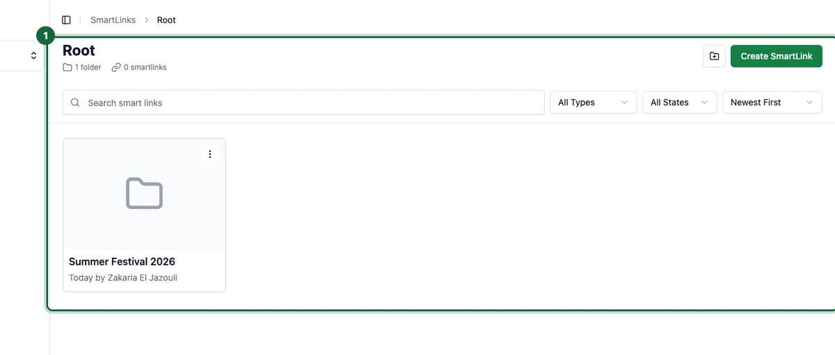 Smart Links Root page with the folder list, the search bar, and the Create SmartLink button highlighted