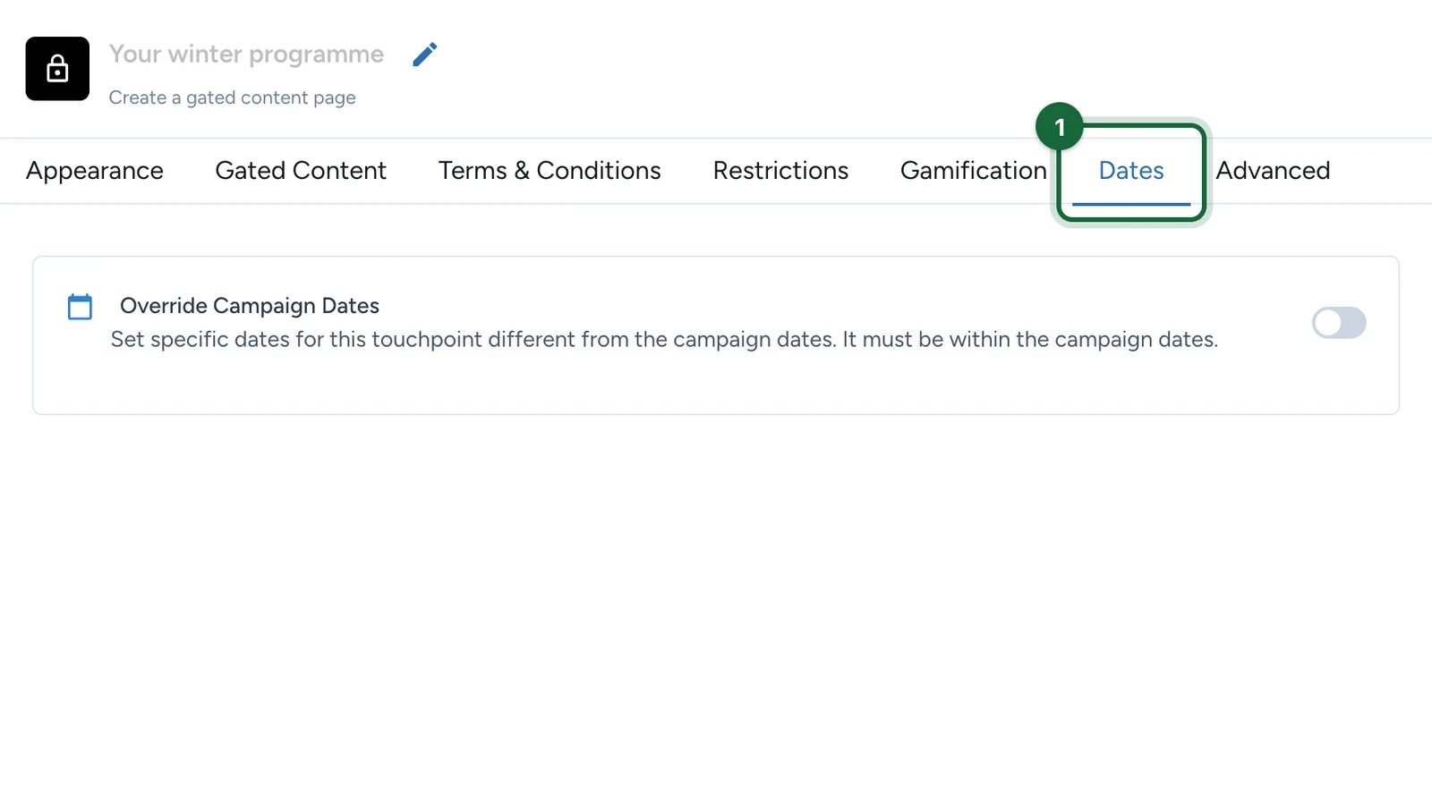Touchpoint settings with the Dates tab highlighted