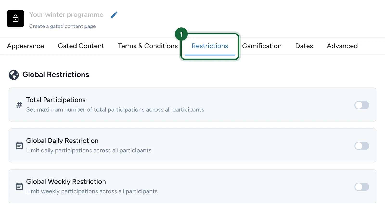 Touchpoint settings with the Restrictions tab highlighted, showing Global Restrictions