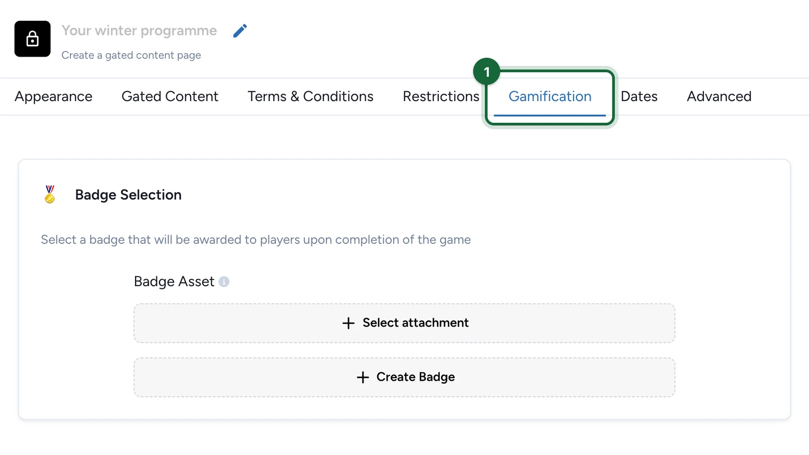 Touchpoint settings with the Gamification tab highlighted, showing Badge Selection